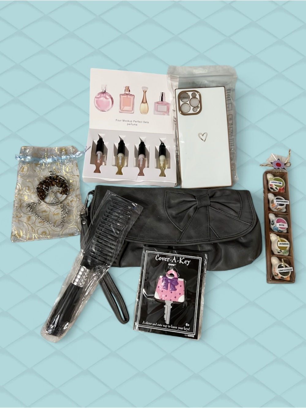 LULU Grey Leather Bow Wristlet Clutch + iPhone 13 Pro Max Self Care Bundle
